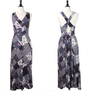 Sleeveless Retro Style Mixed Patch Print Cross back Button Front Midi Dress, S